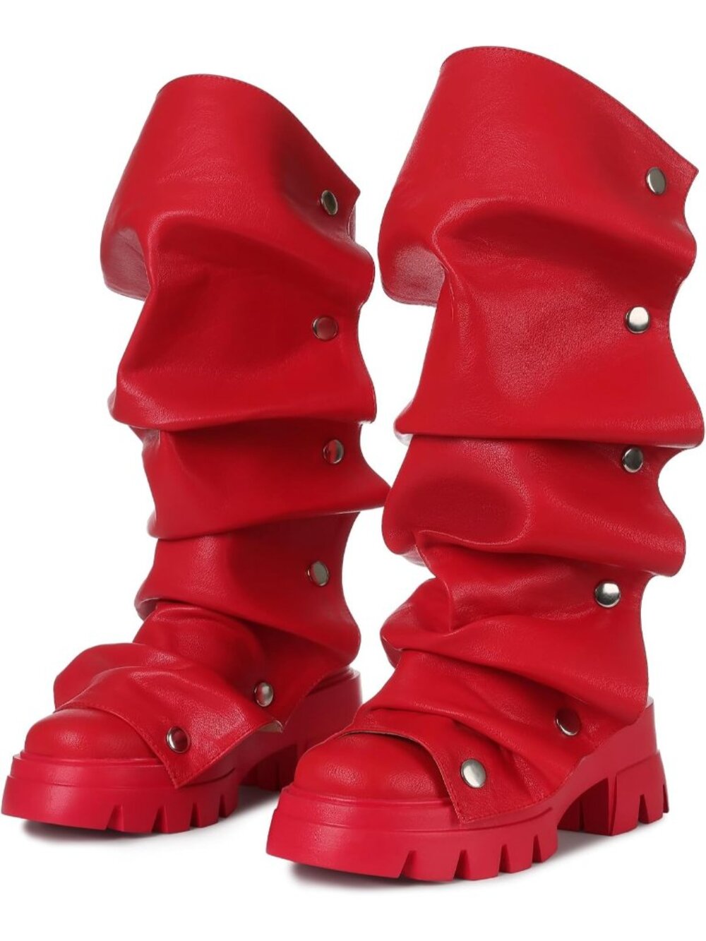 Women's Red Slouchy Fold Over Fashion Chunky Heel Non-Slip Wide Calf Casual Boot